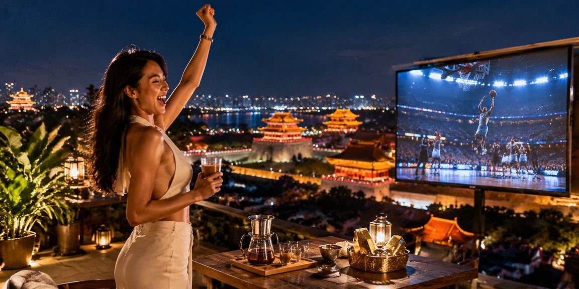 Quán cà phê tại Huế minh họa người dùng xem bóng rổ và nền tảng mobile